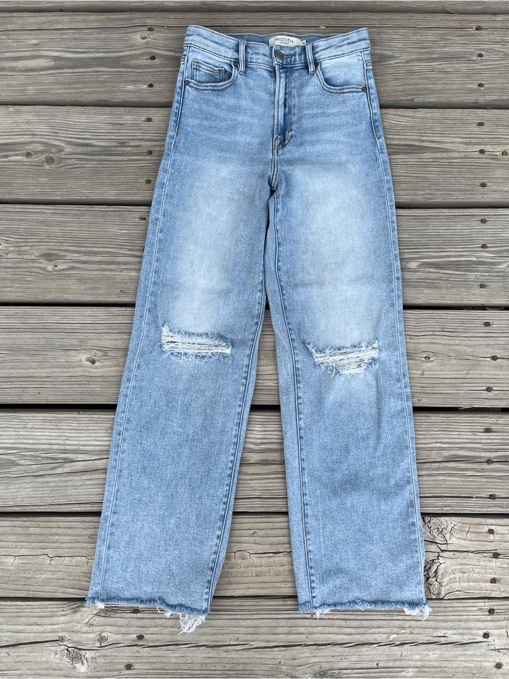 High-Rise Light Blue Straight Leg Jeans with Knee Distress